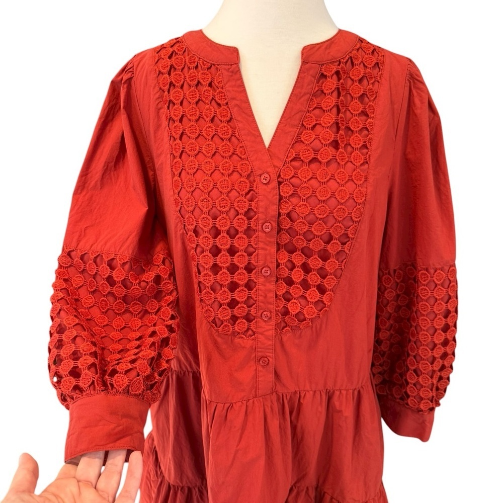 Baby Pink Rust Red Crochet Tiered Ruffle Mini Dress Medium - Picture 8 of 12